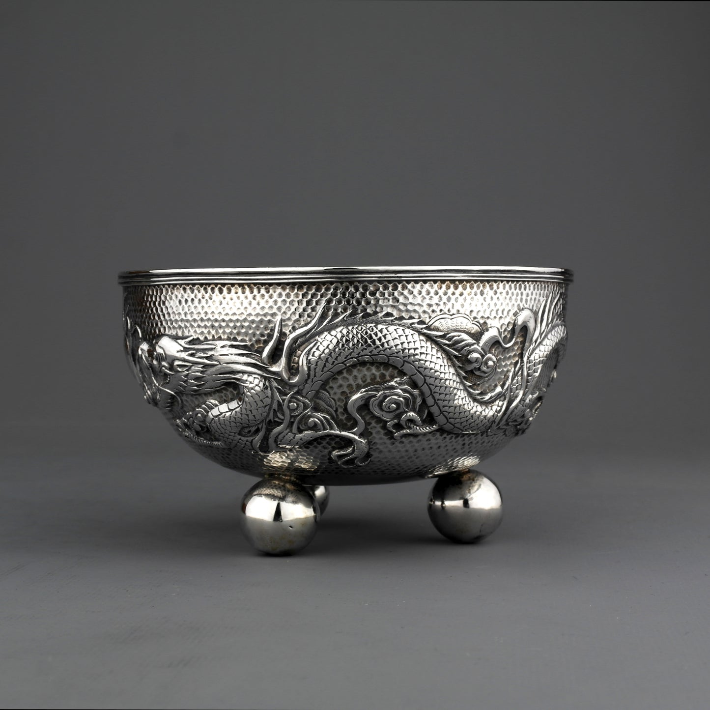 Ornate Antique Chinese Export Sterling Silver Dragon Bowl. Wing Fat. Ca. 1907