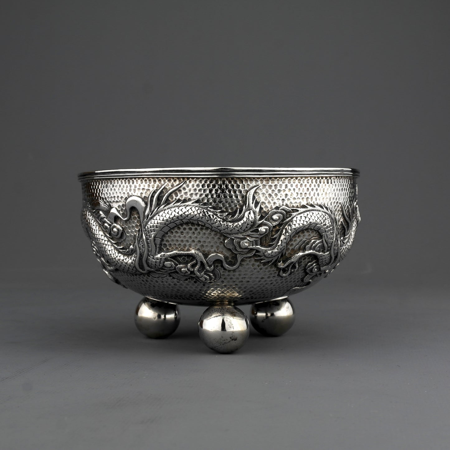 Ornate Antique Chinese Export Sterling Silver Dragon Bowl. Wing Fat. Ca. 1907