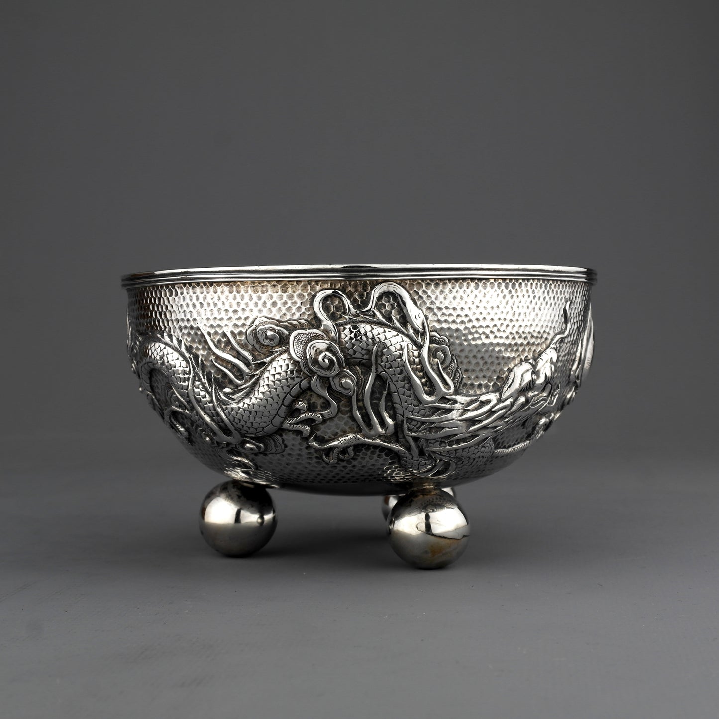 Ornate Antique Chinese Export Sterling Silver Dragon Bowl. Wing Fat. Ca. 1907
