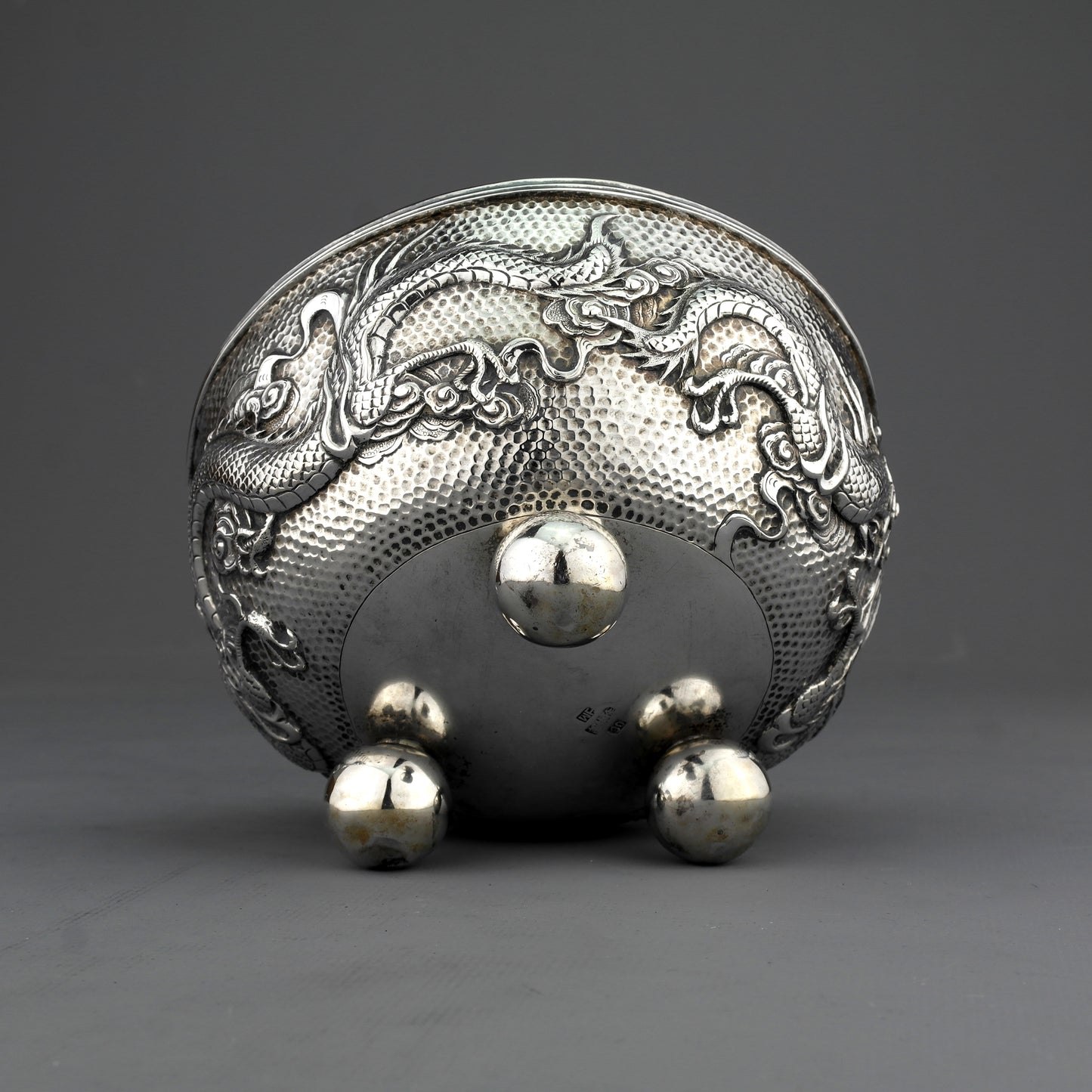 Ornate Antique Chinese Export Sterling Silver Dragon Bowl. Wing Fat. Ca. 1907