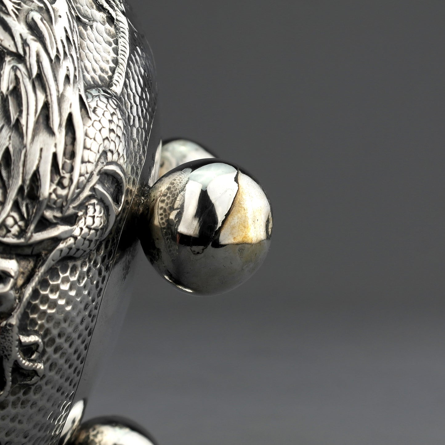 Ornate Antique Chinese Export Sterling Silver Dragon Bowl. Wing Fat. Ca. 1907
