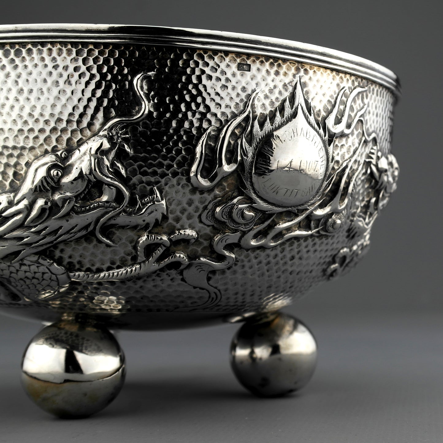 Ornate Antique Chinese Export Sterling Silver Dragon Bowl. Wing Fat. Ca. 1907