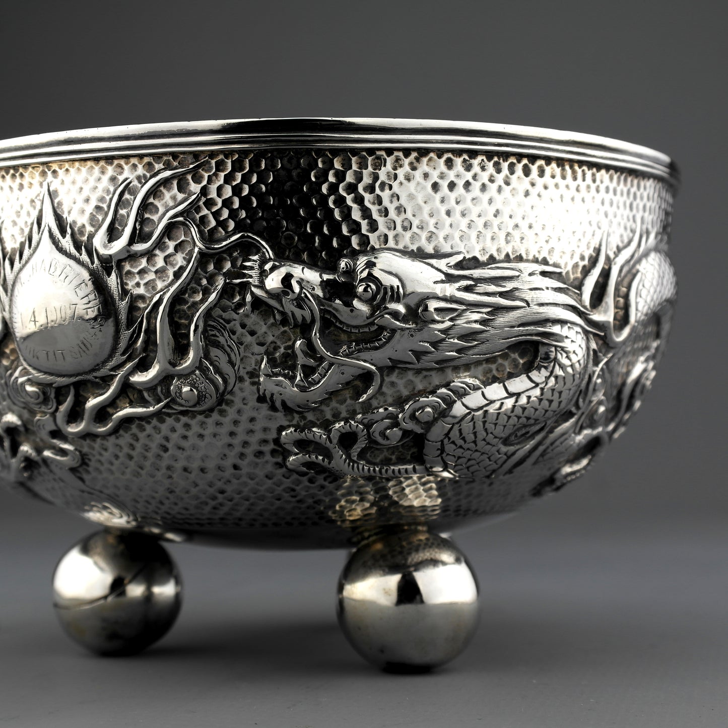 Ornate Antique Chinese Export Sterling Silver Dragon Bowl. Wing Fat. Ca. 1907