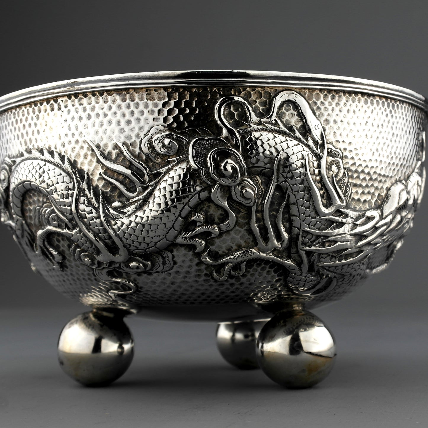 Ornate Antique Chinese Export Sterling Silver Dragon Bowl. Wing Fat. Ca. 1907