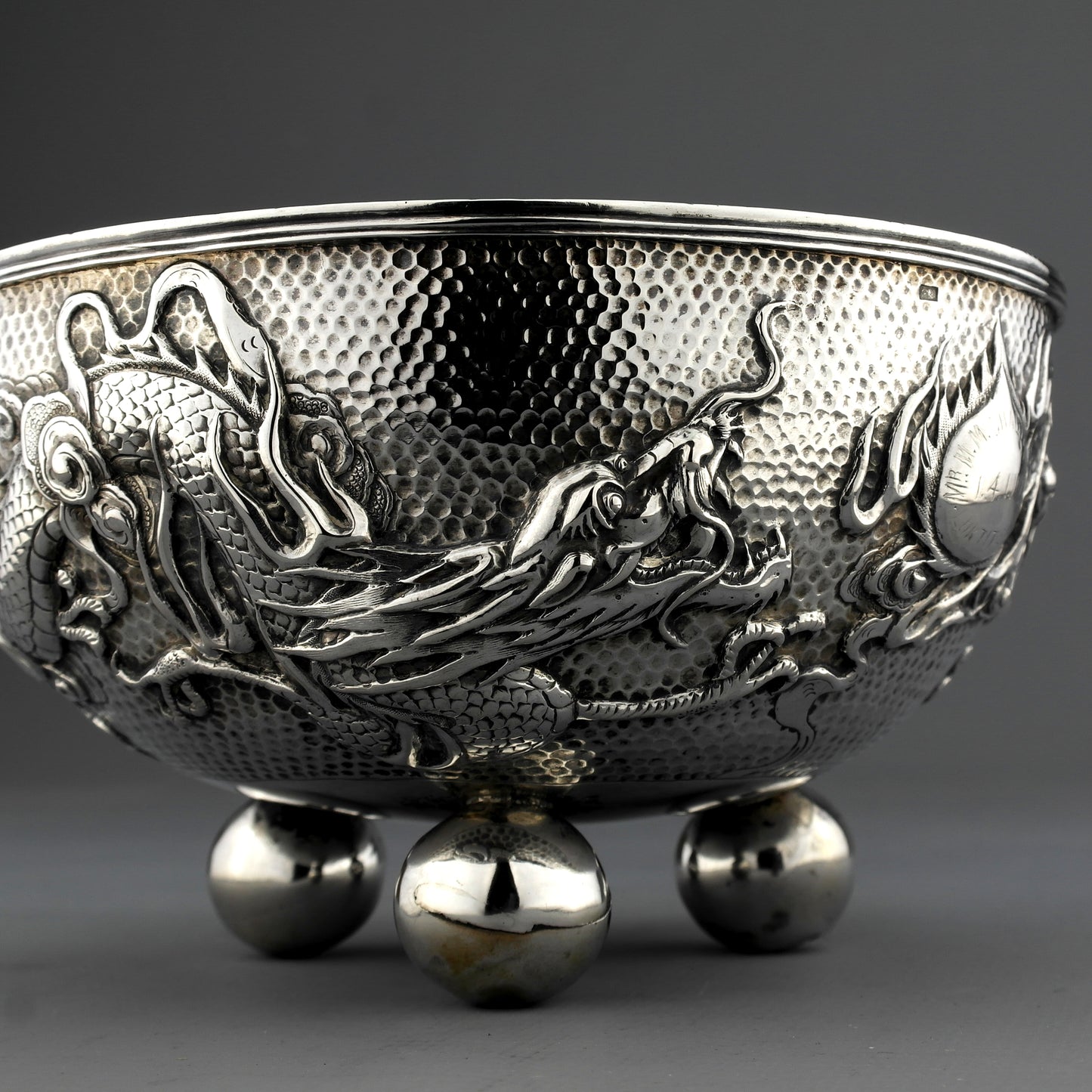 Ornate Antique Chinese Export Sterling Silver Dragon Bowl. Wing Fat. Ca. 1907