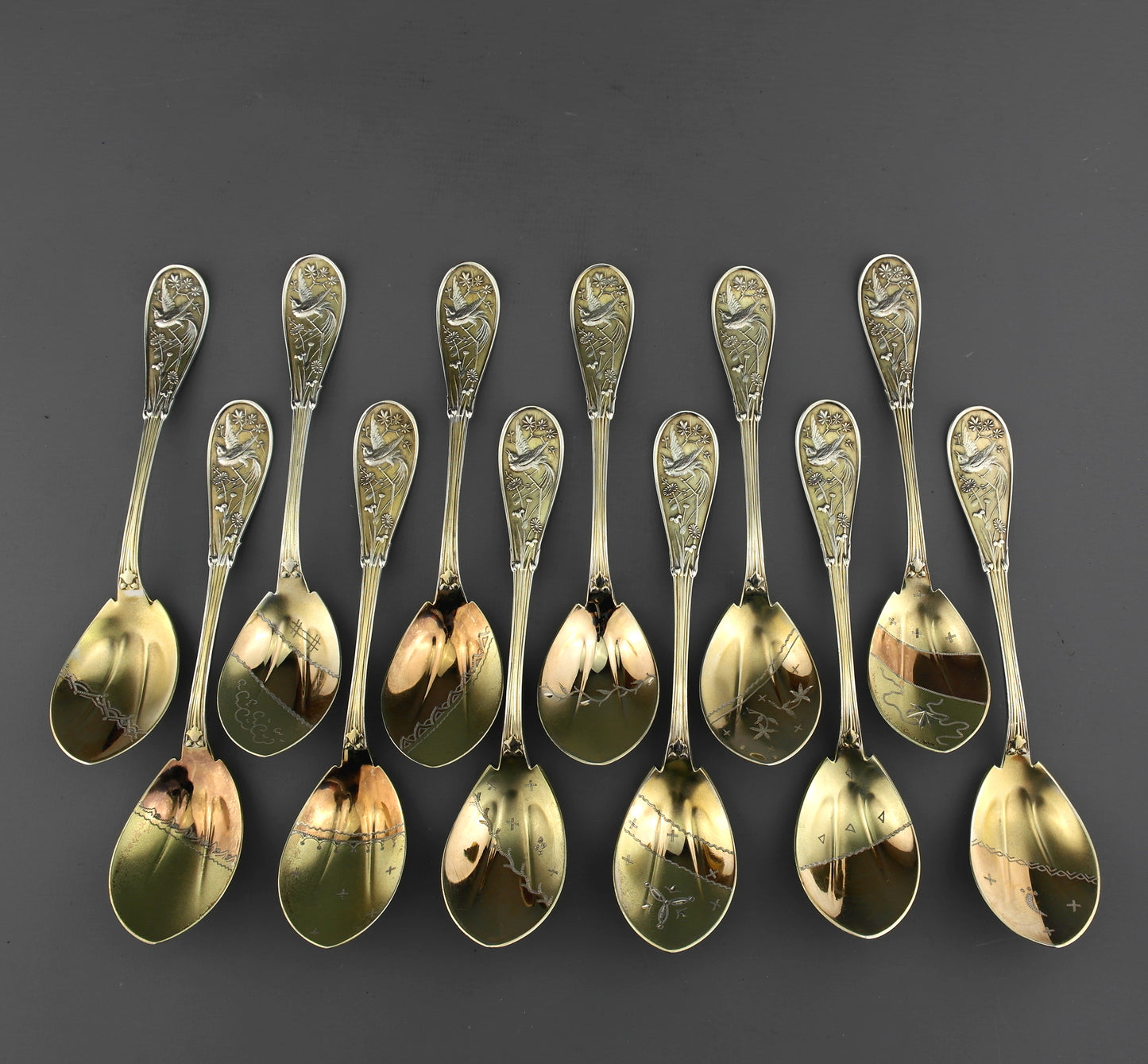 12 Antique Tiffany Solid Sterling Silver Japanese Mixed Metal Ice Cream Spoons