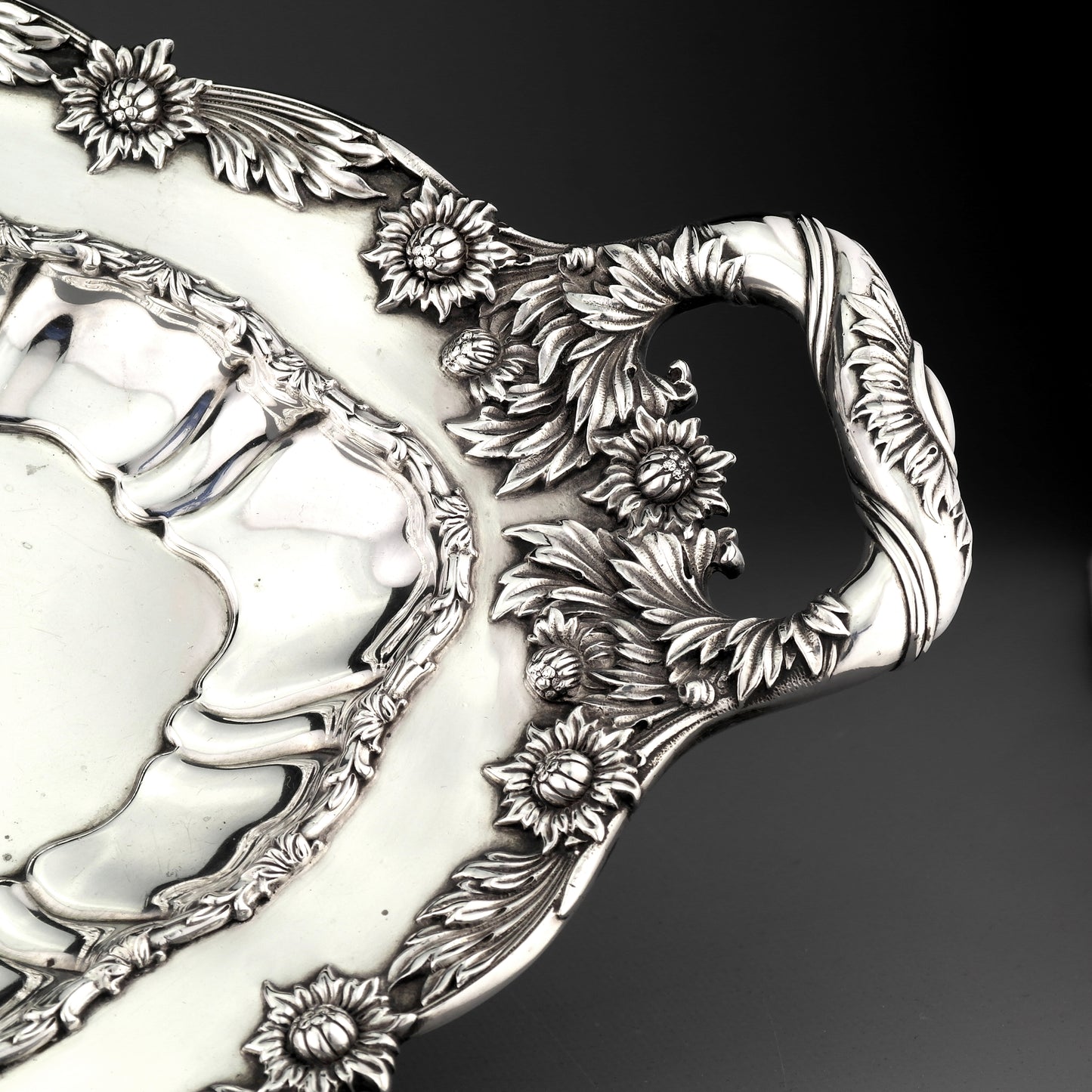 Ornate Tiffany Solid Sterling Silver Salver / Tray. Chrysanthemum Pattern.