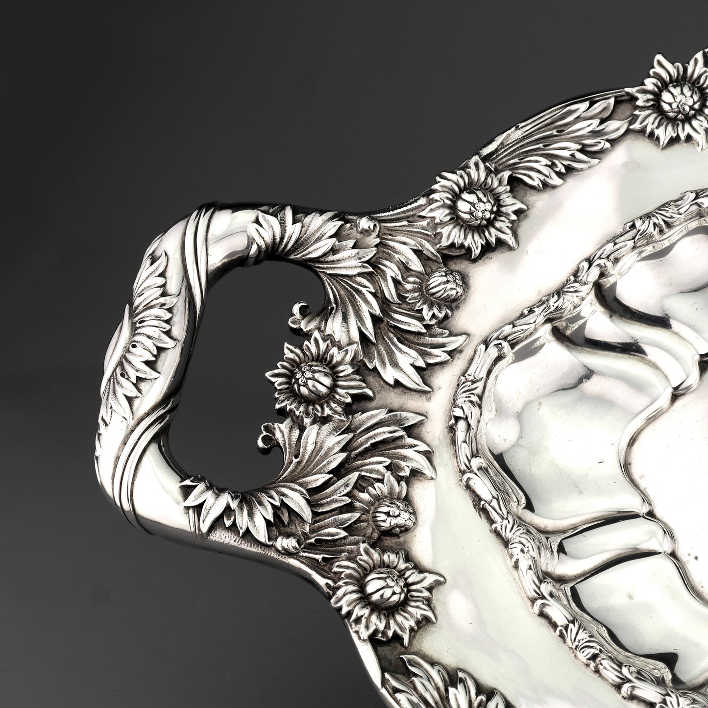 Ornate Tiffany Solid Sterling Silver Salver / Tray. Chrysanthemum Pattern.