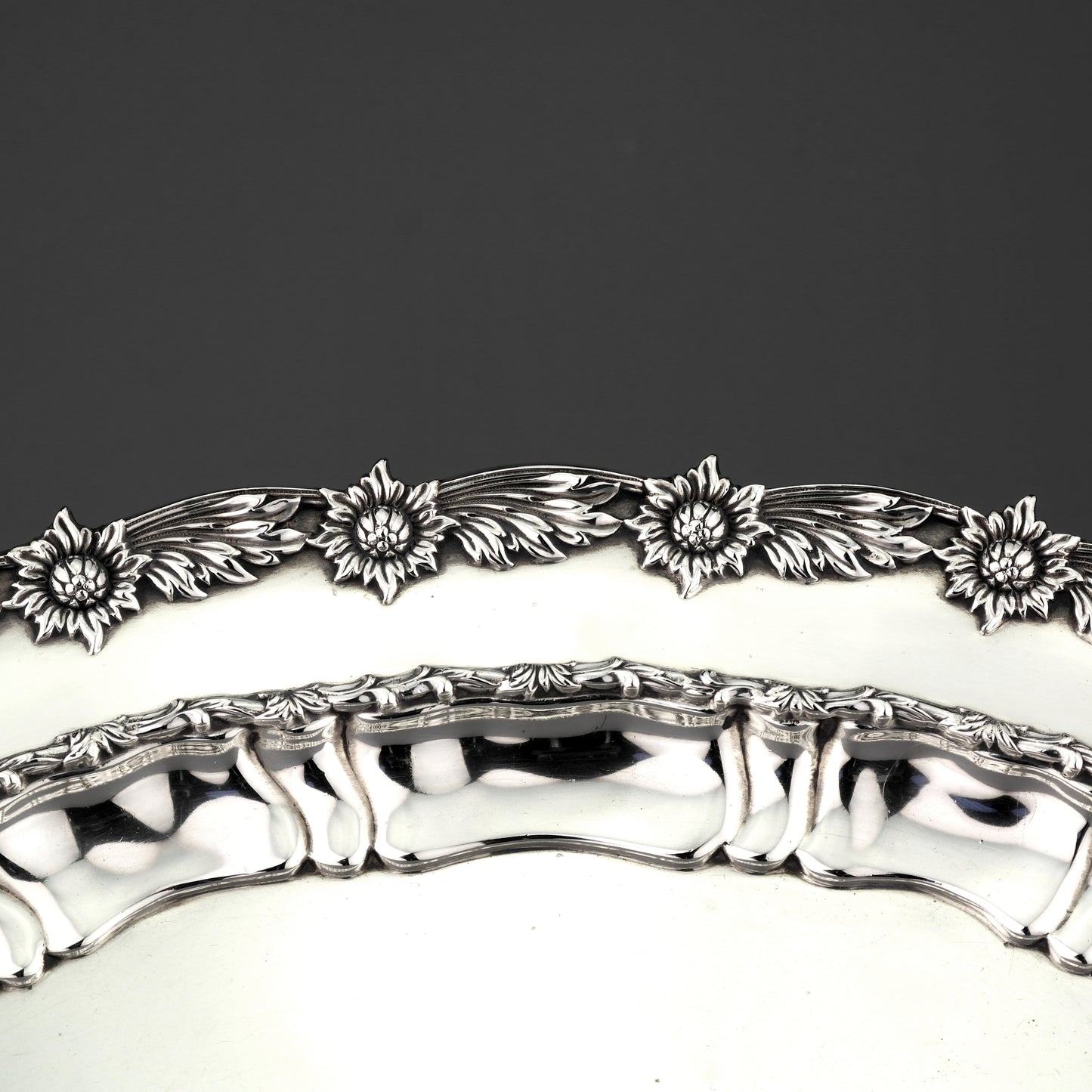 Ornate Tiffany Solid Sterling Silver Salver / Tray. Chrysanthemum Pattern.