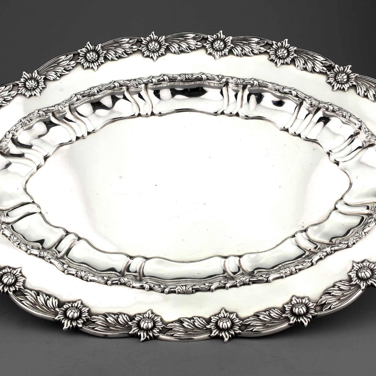 Ornate Tiffany Solid Sterling Silver Salver / Tray. Chrysanthemum Pattern.