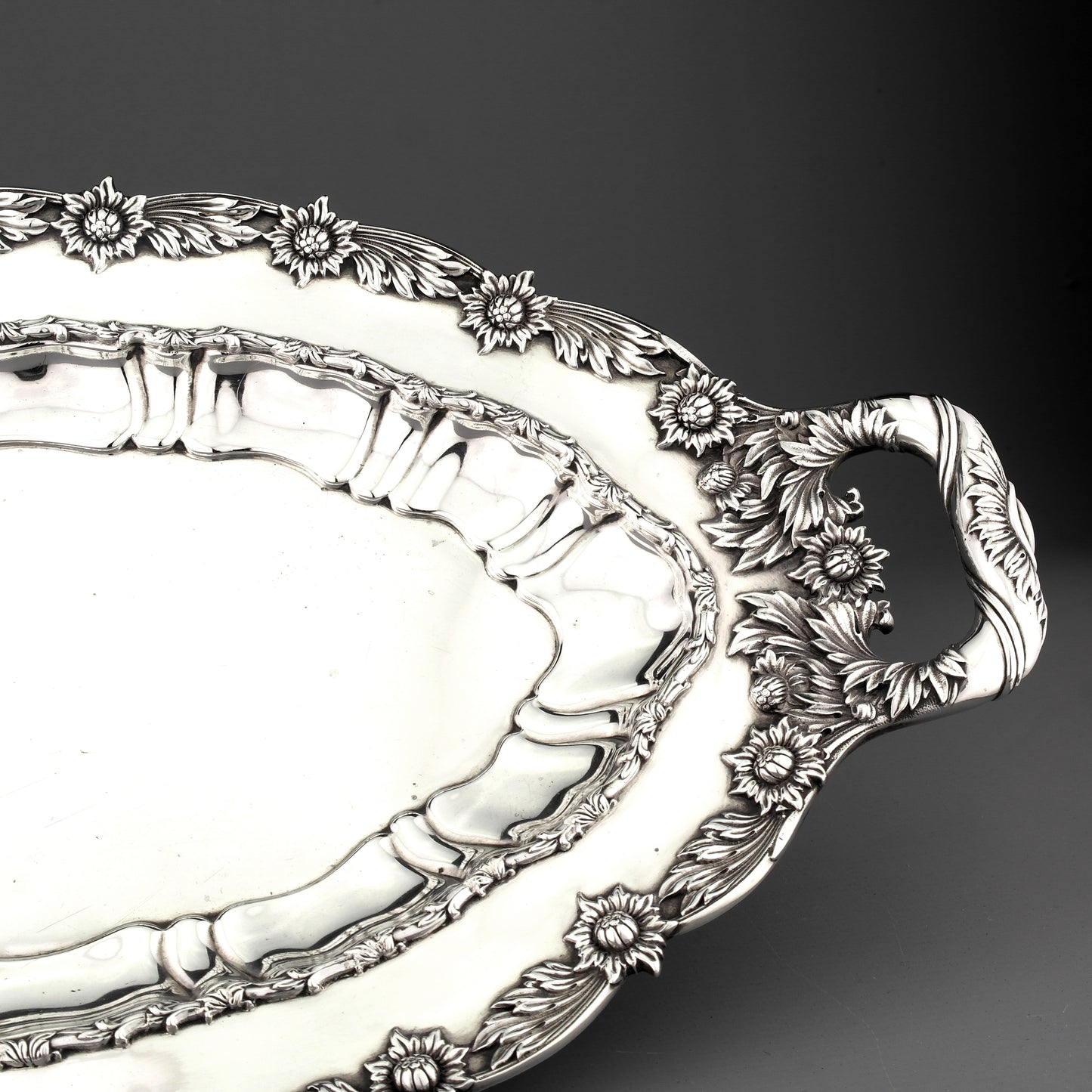 Ornate Tiffany Solid Sterling Silver Salver / Tray. Chrysanthemum Pattern.