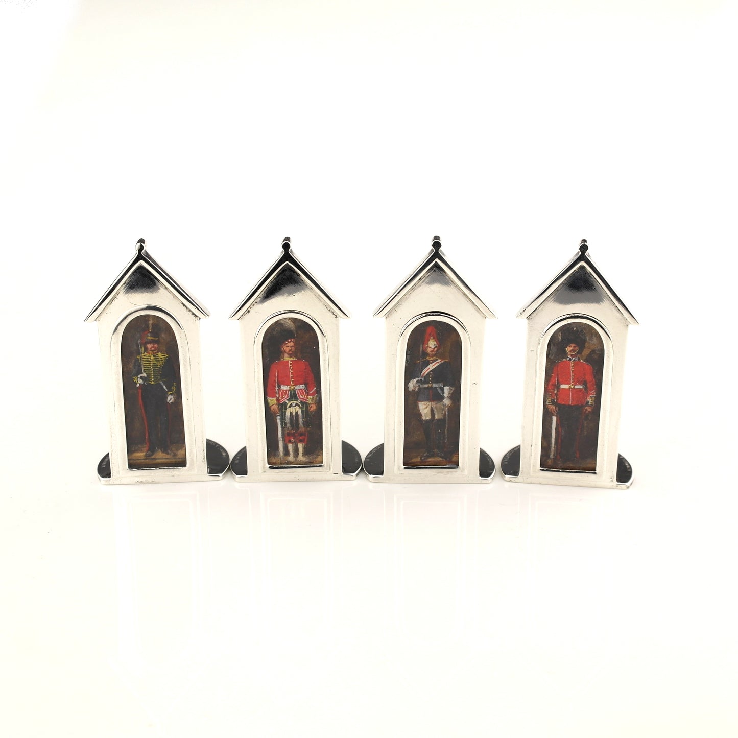 RARE Antique Novelty Solid Sterling Silver Sentry Menu Holders. Sampson Mordan.