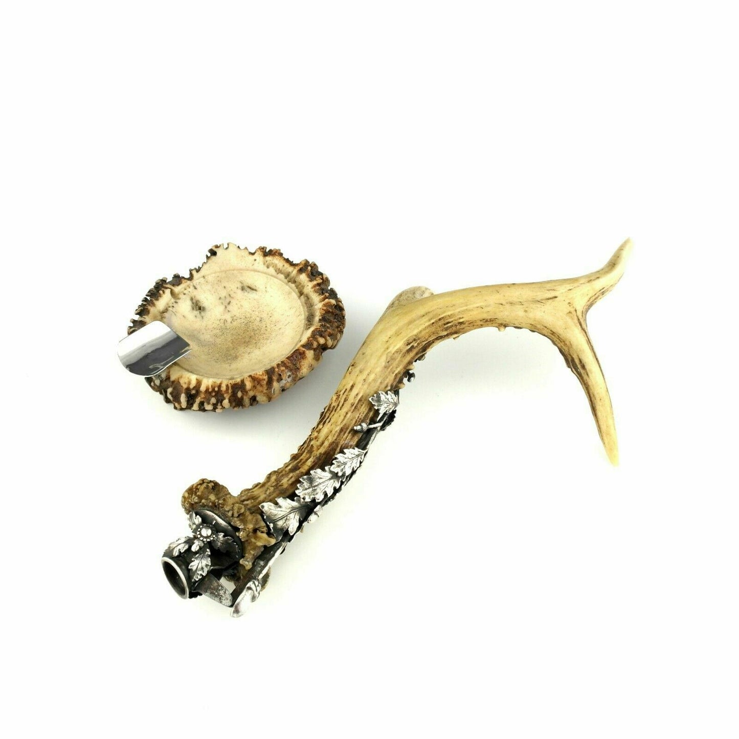 Antique Austrian Solid Silver & Stag Antler Cigar Cutter & Ashtray - Circa. 1900