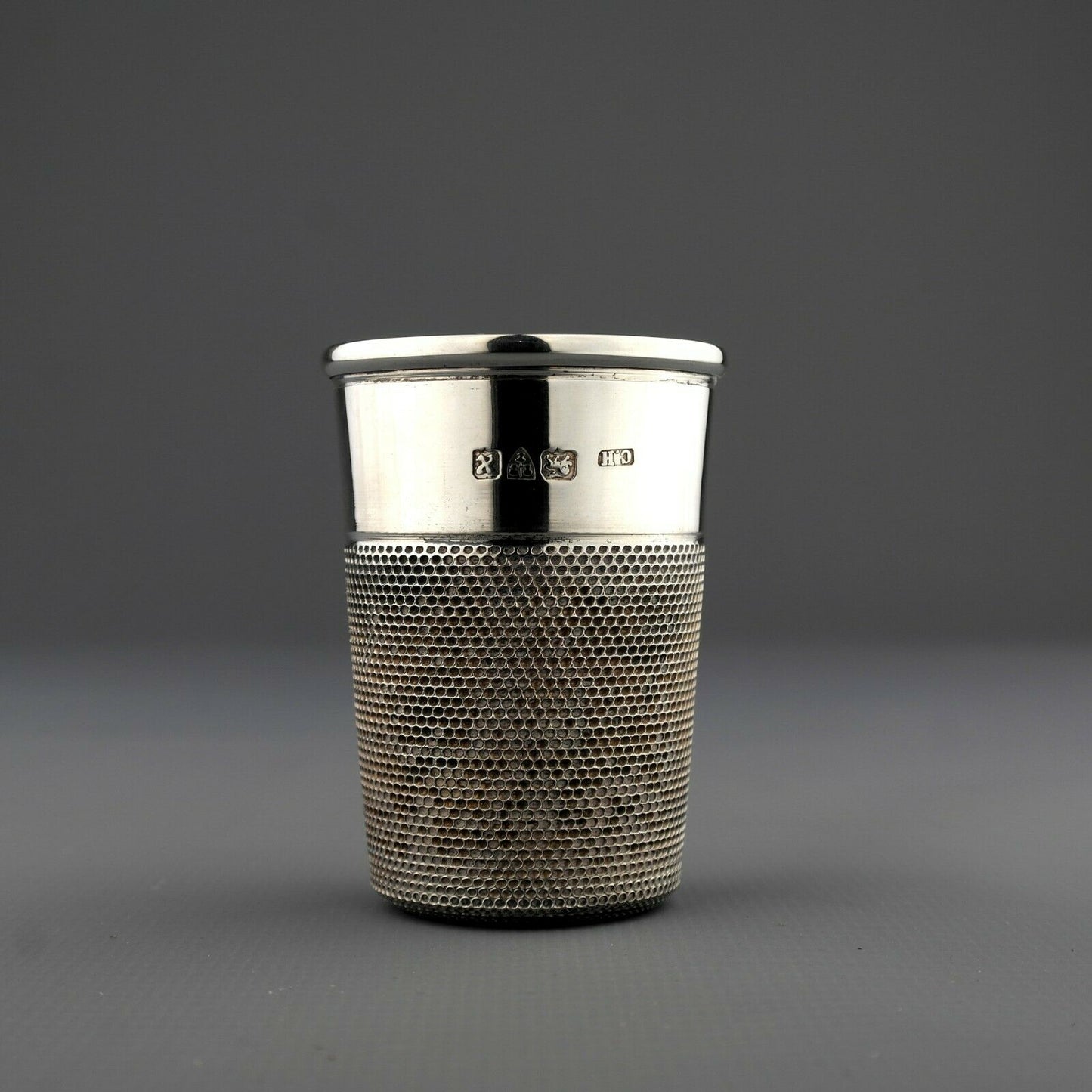 Antique Novelty Solid Sterling Silver JUST A THIMBLE FULL Spirit Measure / Cup