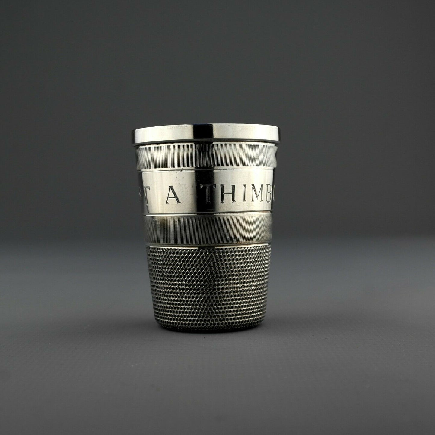 Antique Novelty Solid Sterling Silver JUST A THIMBLE FULL Spirit Measure / Cup