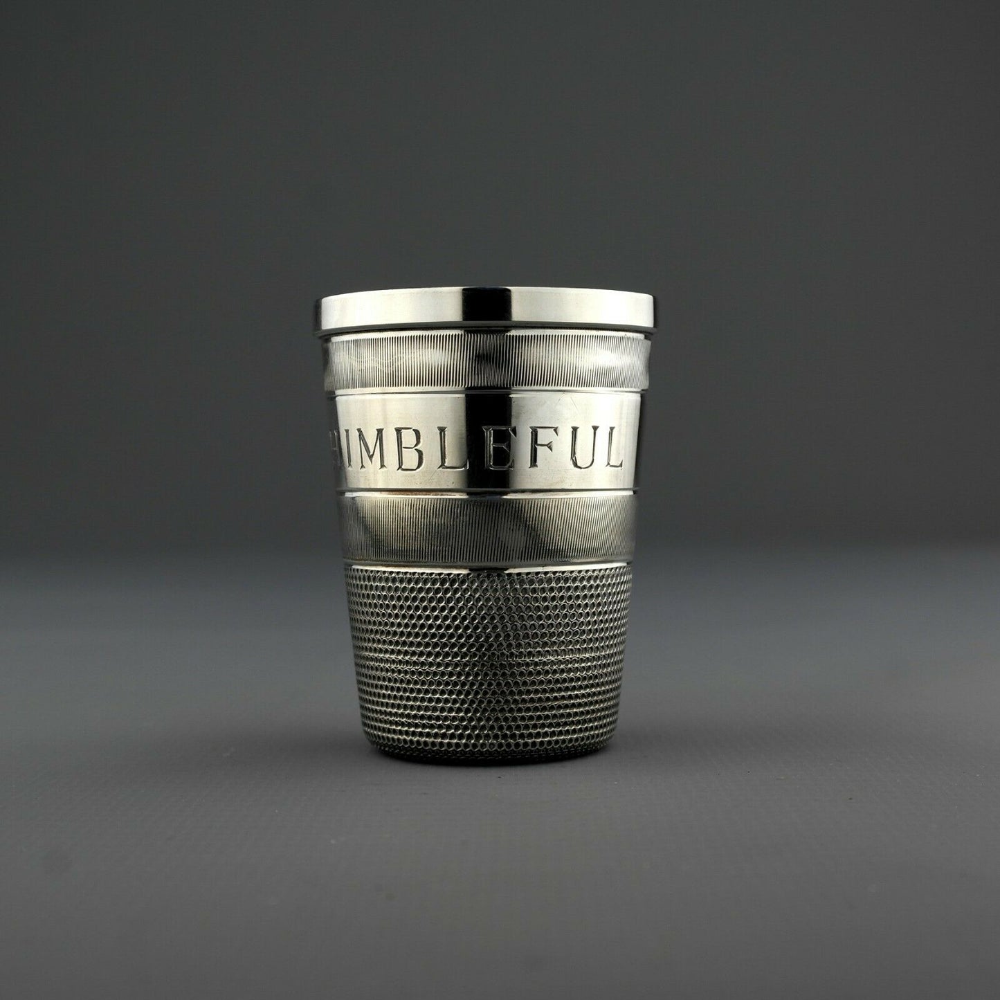 Antique Novelty Solid Sterling Silver JUST A THIMBLE FULL Spirit Measure / Cup