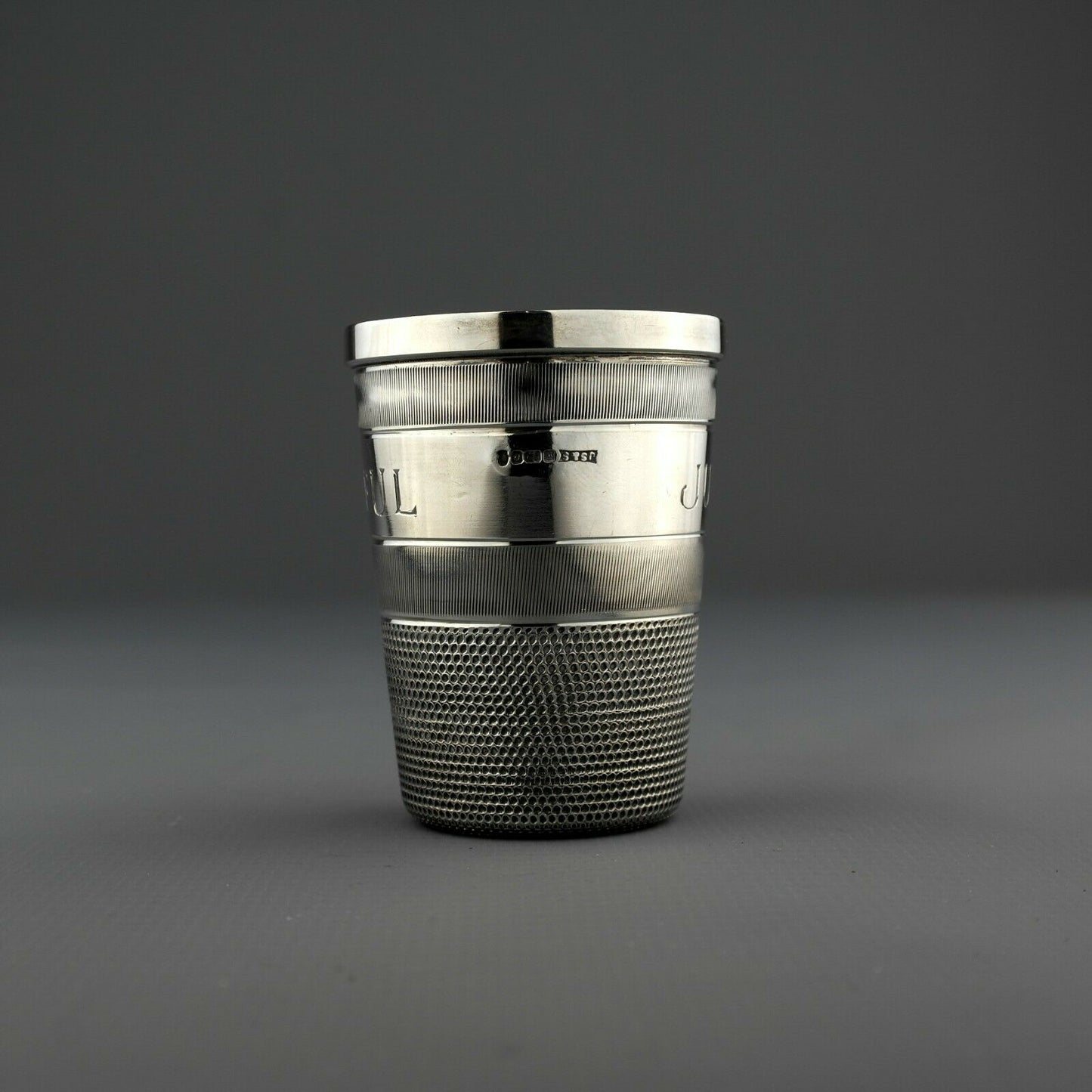 Antique Novelty Solid Sterling Silver JUST A THIMBLE FULL Spirit Measure / Cup