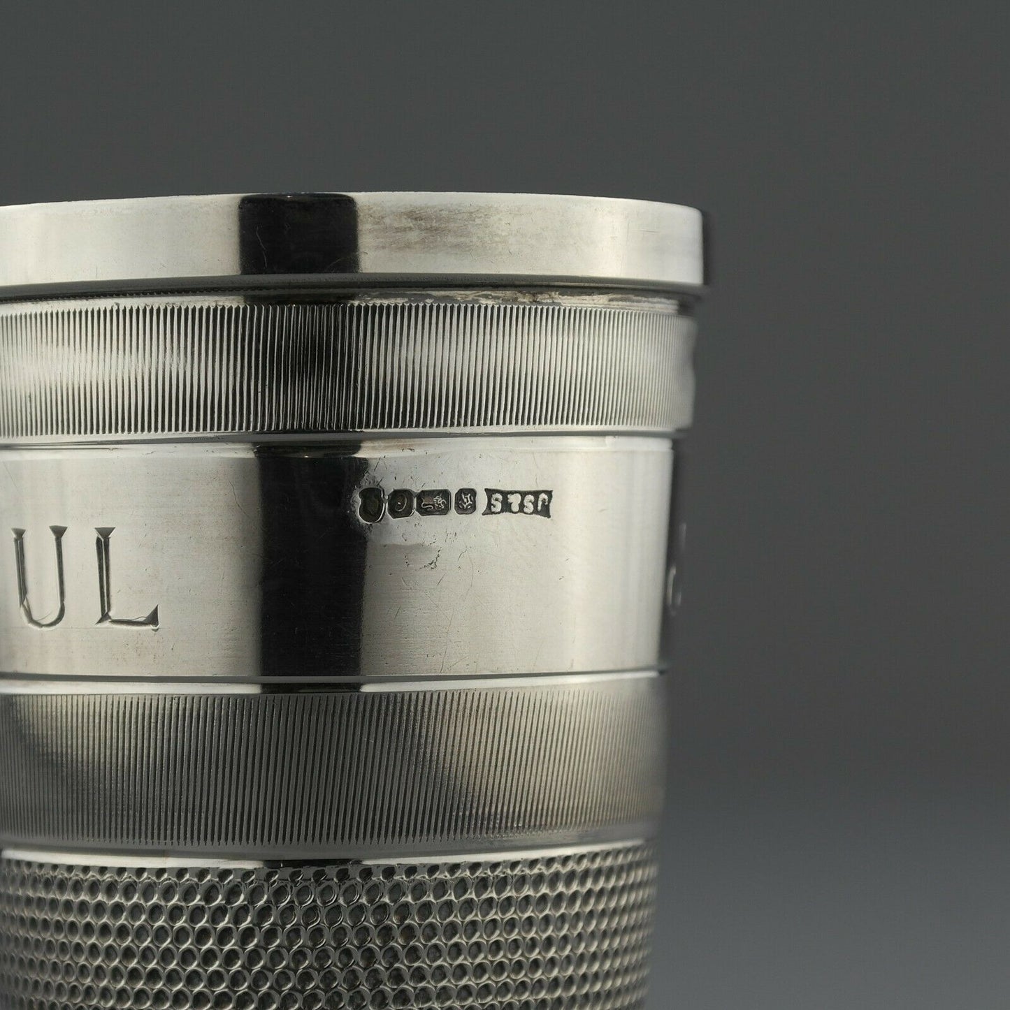 Antique Novelty Solid Sterling Silver JUST A THIMBLE FULL Spirit Measure / Cup