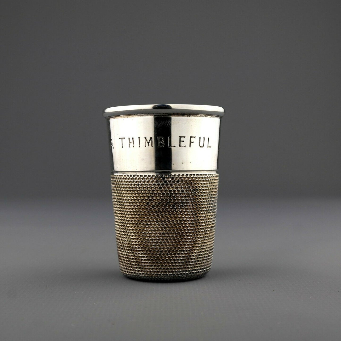 Antique Novelty Solid Sterling Silver JUST A THIMBLE FULL Spirit Measure / Cup