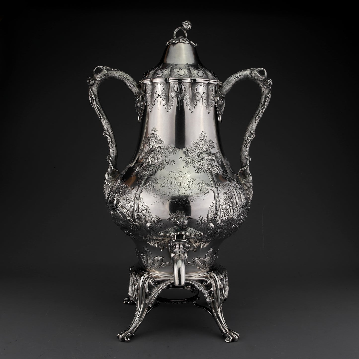 Antique American Coin Silver Tea/Coffee Urn/Samovar. W.K. Vanderslice 1864