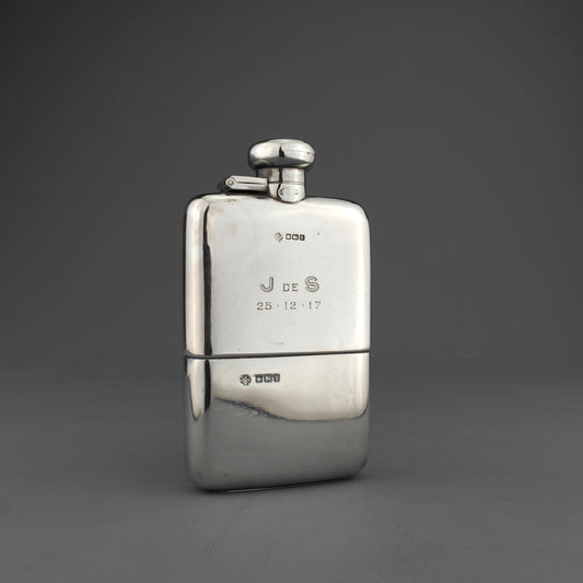 Antique Solid Sterling Silver Hip Spirit Flask. William Hutton. Sheffield, 1915