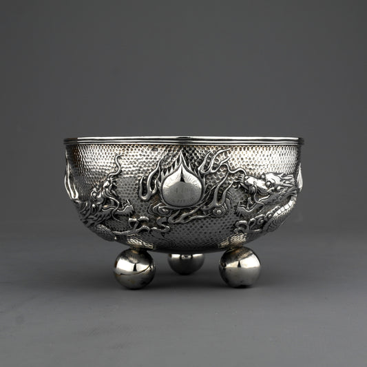 Ornate Antique Chinese Export Sterling Silver Dragon Bowl. Wing Fat. Ca. 1907