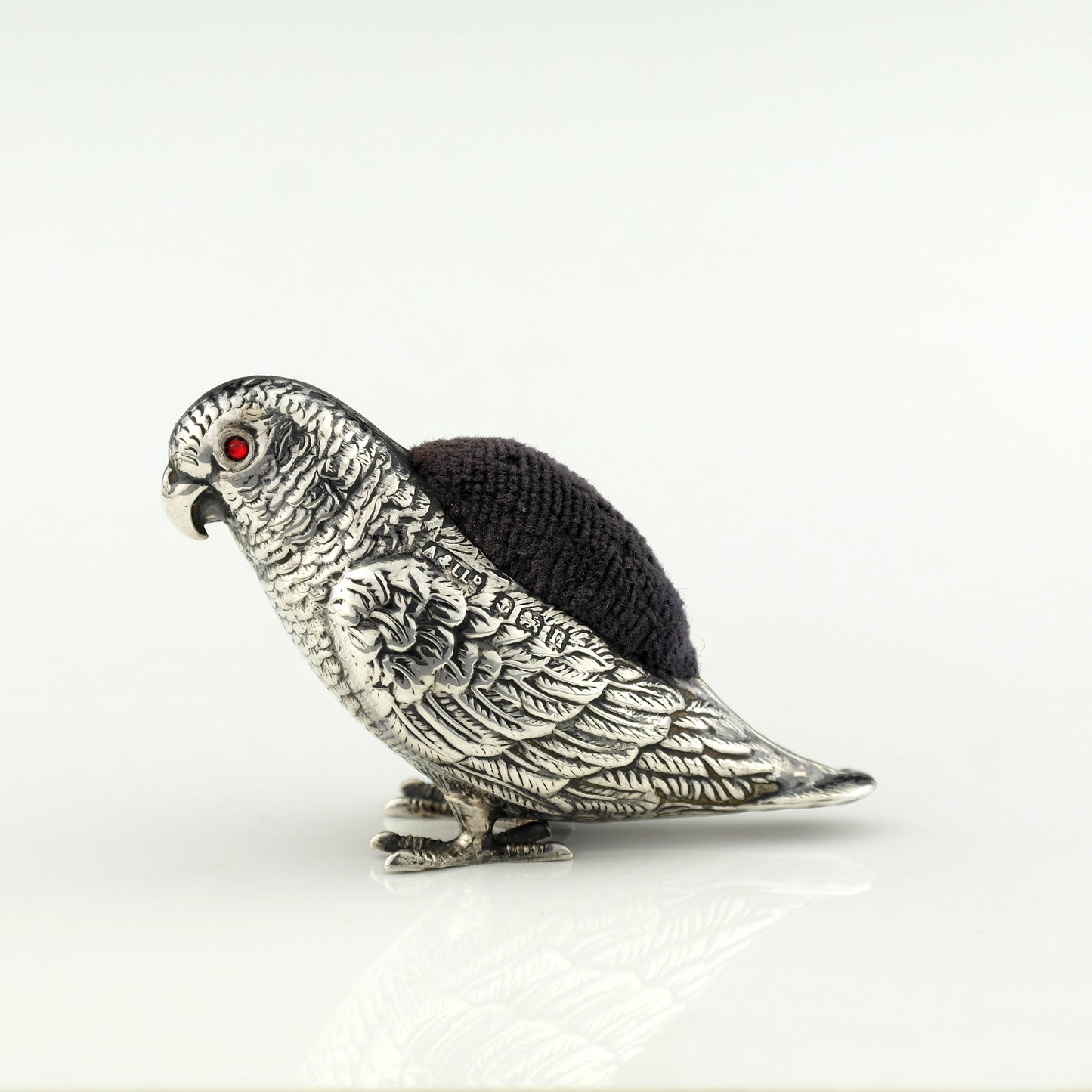 Rare Antique Novelty Solid Sterling Silver Parrot Pin Cushion. Adie Lovekin 1912