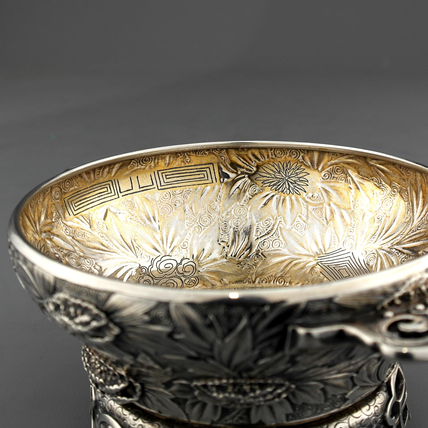 Rare Antique Tiffany Sterling Silver Japanese Chrysanthemum Aesthetic Bowl, 1890