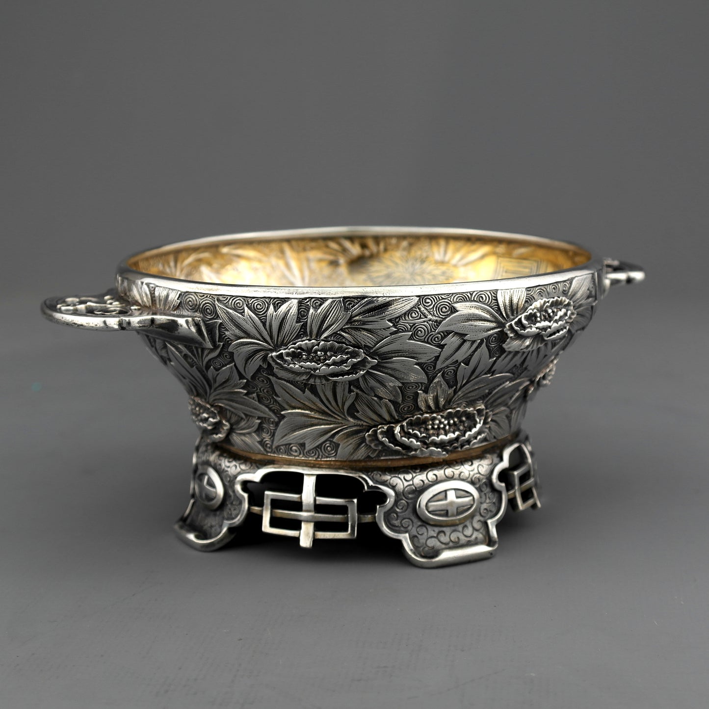 Rare Antique Tiffany Sterling Silver Japanese Chrysanthemum Aesthetic Bowl, 1890