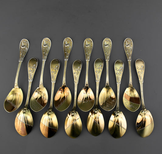 12 Antique Tiffany Solid Sterling Silver Japanese Mixed Metal Ice Cream Spoons