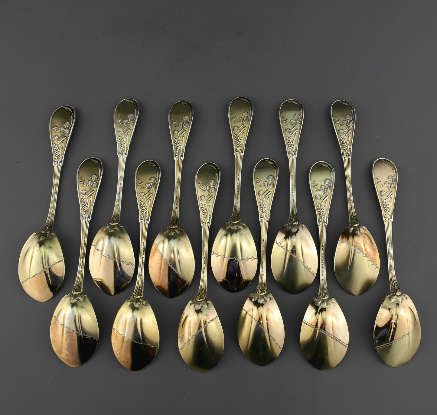 12 Antique Tiffany Solid Sterling Silver Japanese Mixed Metal Ice Cream Spoons