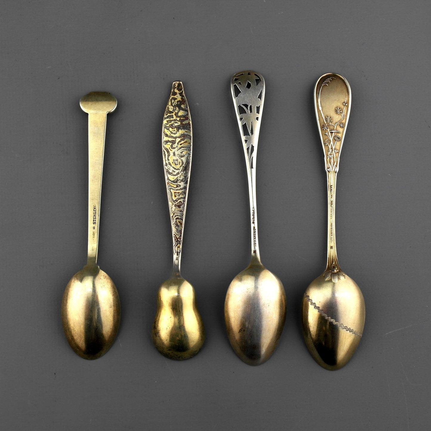 12 Antique Tiffany Solid Sterling Silver Japanese Mixed Metal Mokume Tea Spoons