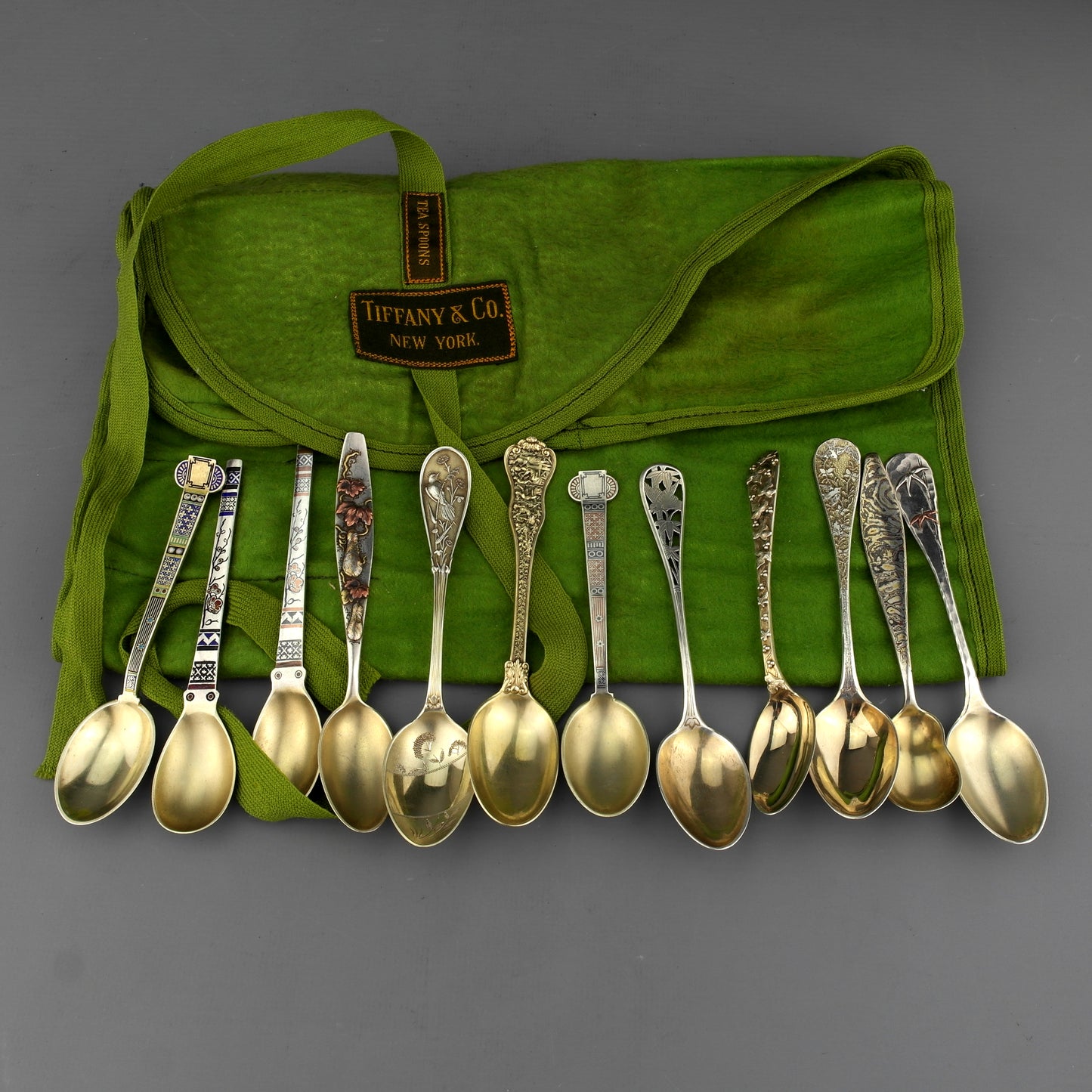 12 Antique Tiffany Solid Sterling Silver Japanese Mixed Metal Mokume Tea Spoons