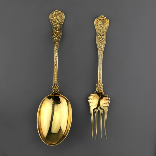 Antique Tiffany Olympian Solid Gilt Sterling Silver Spoon and Meat Serving Fork.