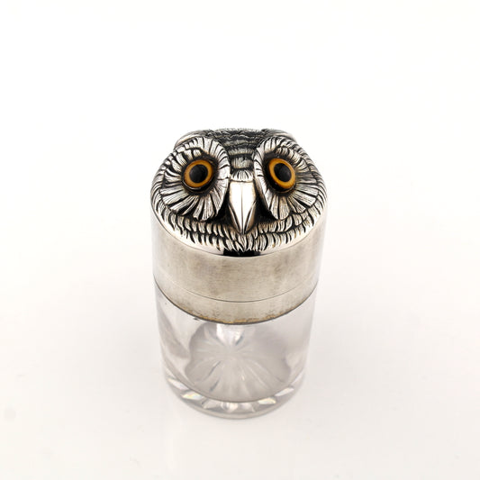 Antique Novelty Sampson Mordan Solid Sterling Silver Glass Owl Dressing Jar Box.