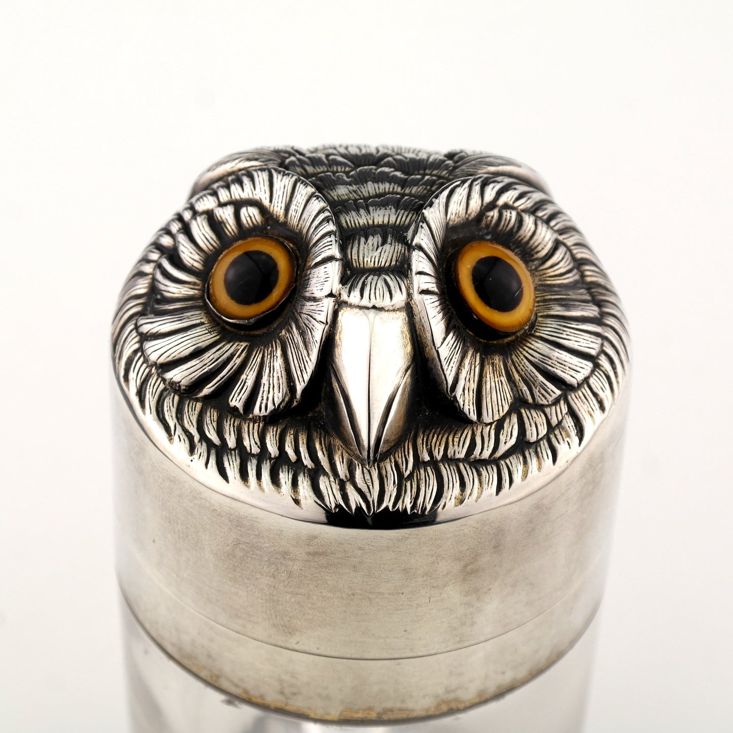 Antique Novelty Sampson Mordan Solid Sterling Silver Glass Owl Dressing Jar Box.