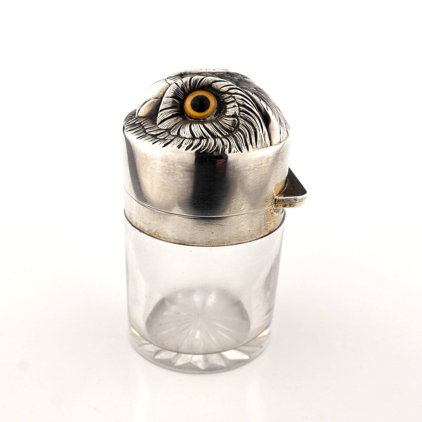 Antique Novelty Sampson Mordan Solid Sterling Silver Glass Owl Dressing Jar Box.