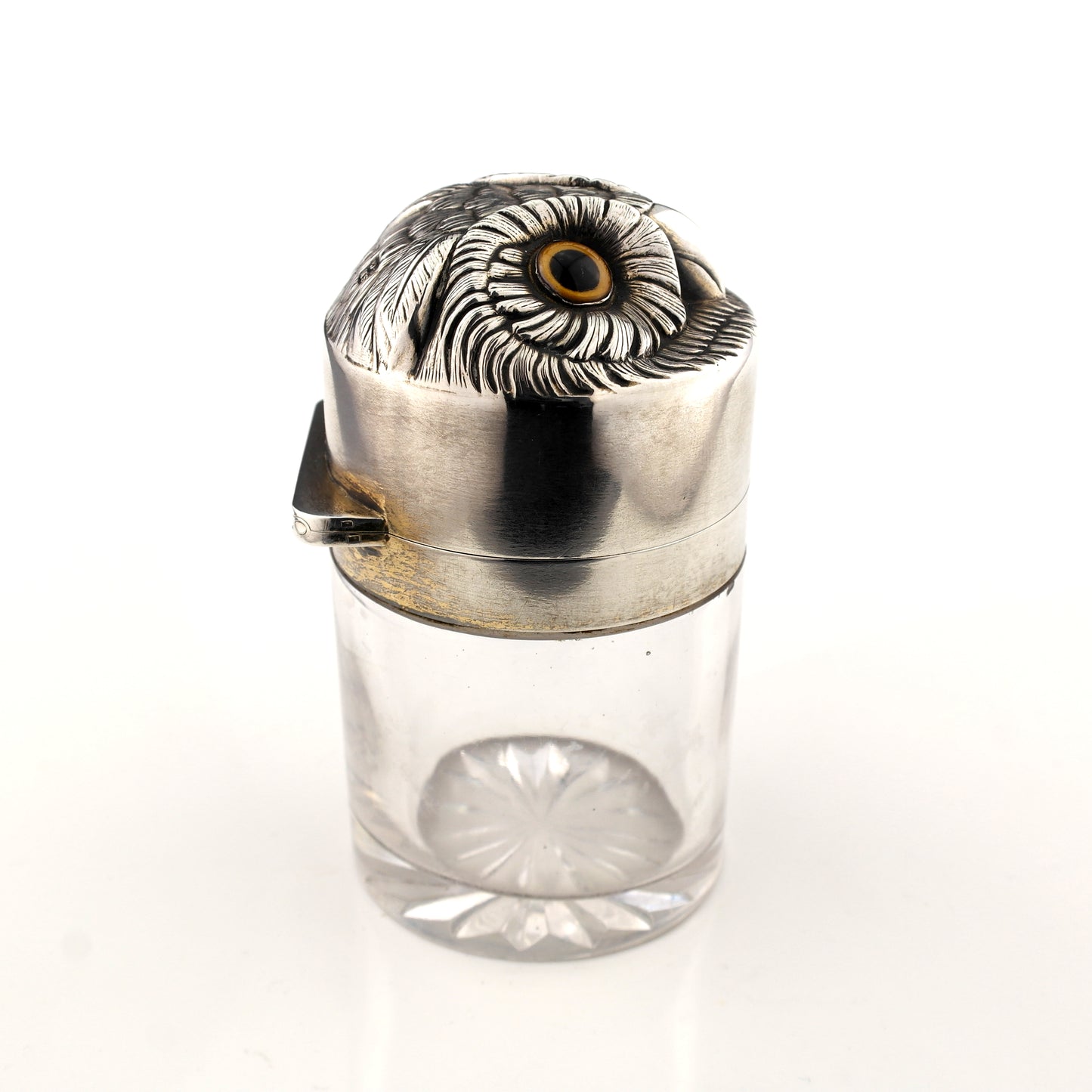 Antique Novelty Sampson Mordan Solid Sterling Silver Glass Owl Dressing Jar Box.