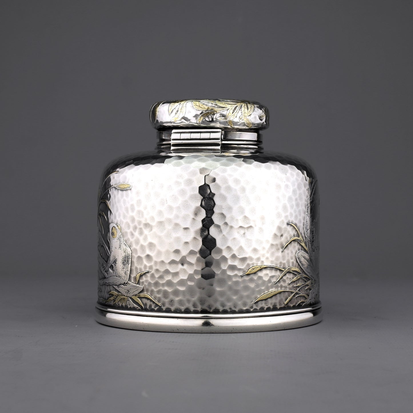 Rare Antique Tiffany Novelty Silver Mixed Metal Acid Etched Desk Inkwell.