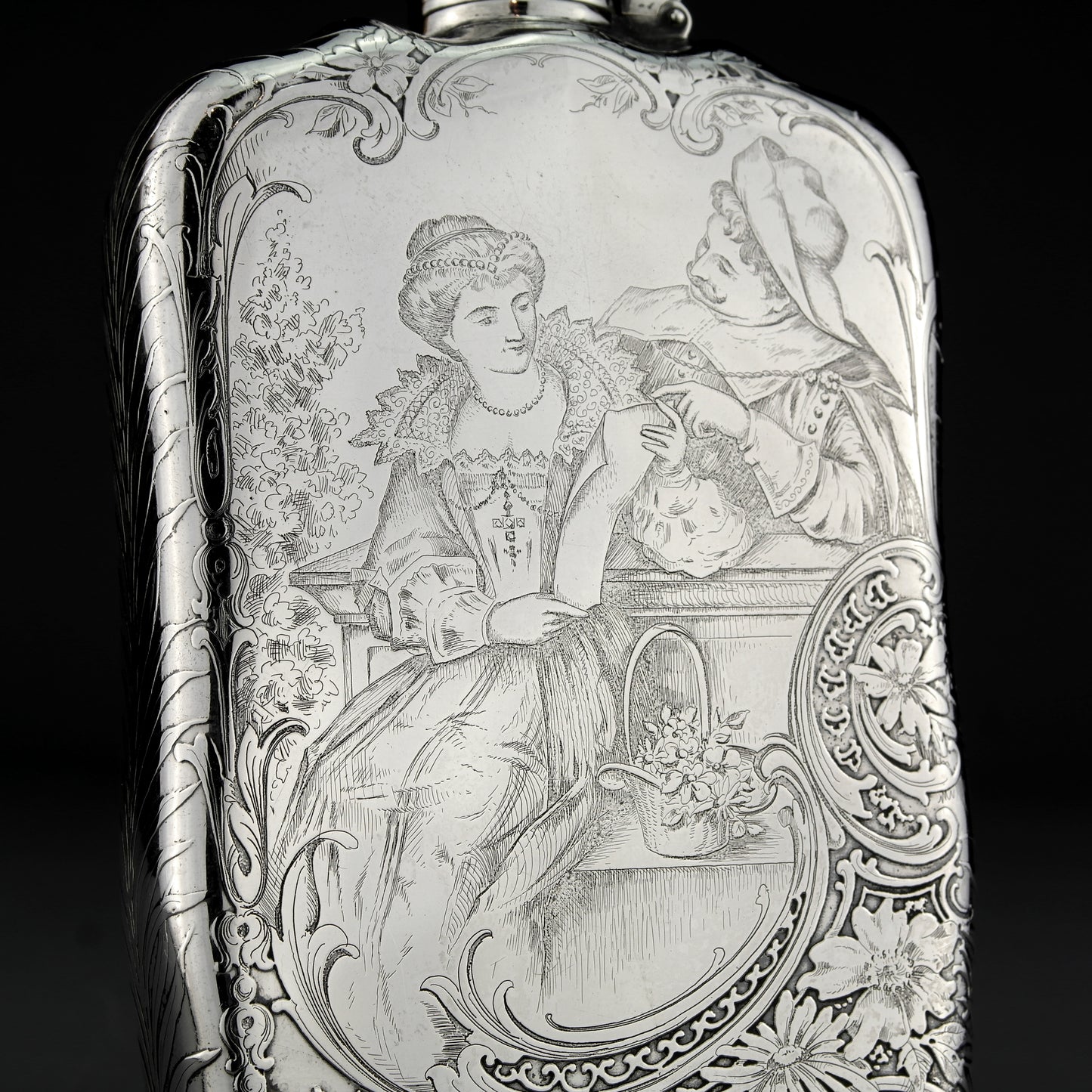 Antique American Acid Etched Tiffany & Co. Solid Sterling Silver Hip / Liquor Flask