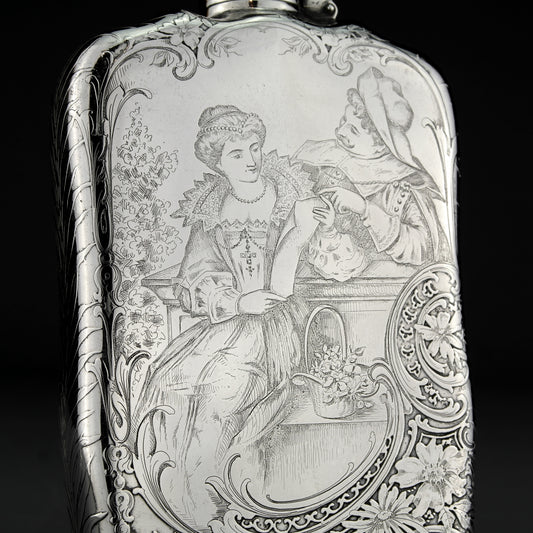 Antique American Acid Etched Tiffany & Co. Solid Sterling Silver Hip / Liquor Flask