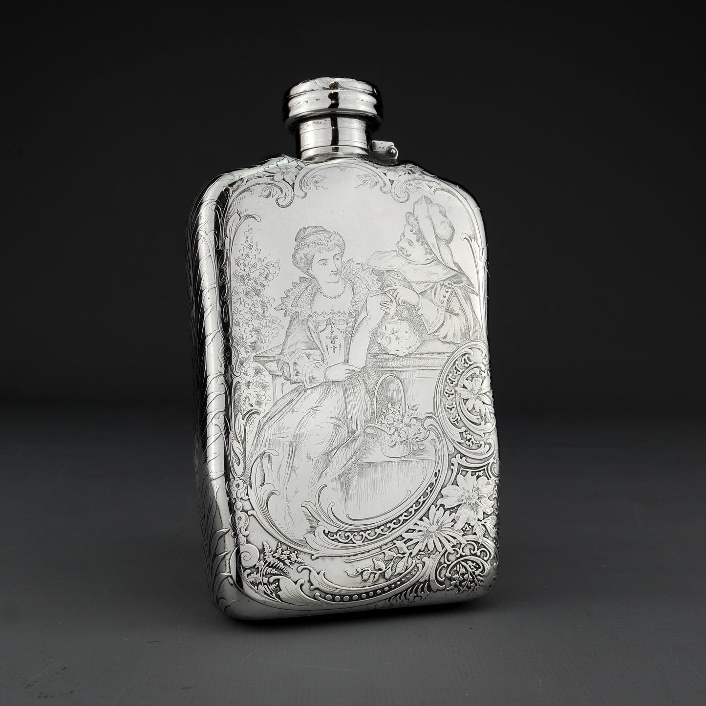 Antique American Acid Etched Tiffany & Co. Solid Sterling Silver Hip / Liquor Flask