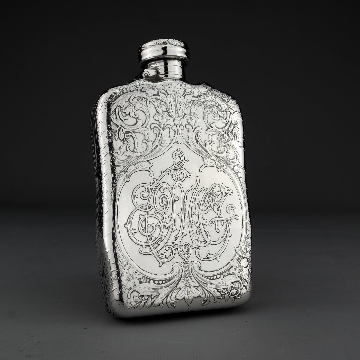 Antique American Acid Etched Tiffany & Co. Solid Sterling Silver Hip / Liquor Flask