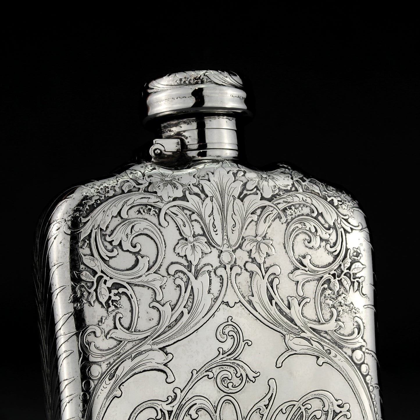 Antique American Acid Etched Tiffany & Co. Solid Sterling Silver Hip / Liquor Flask