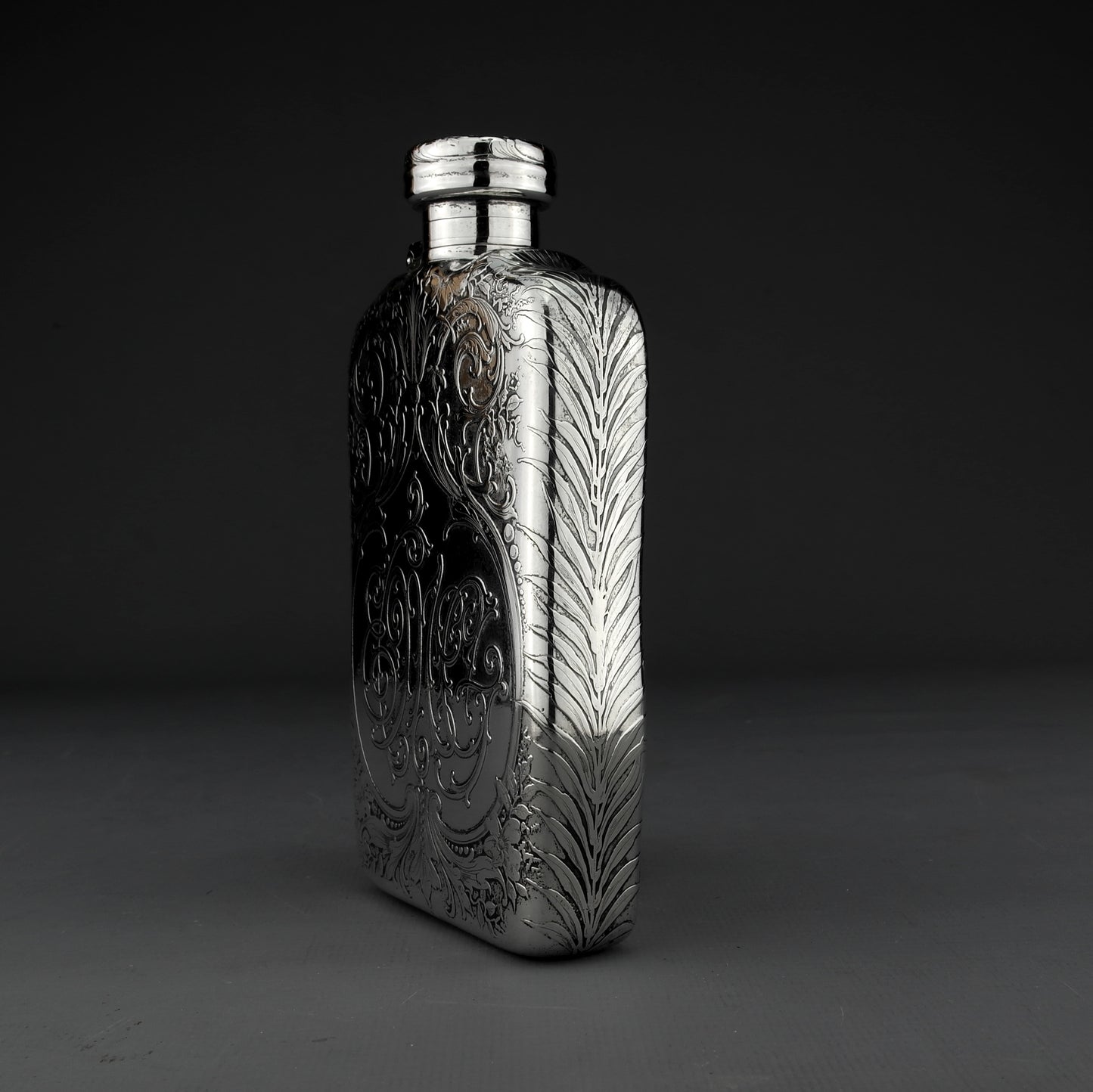 Antique American Acid Etched Tiffany & Co. Solid Sterling Silver Hip / Liquor Flask