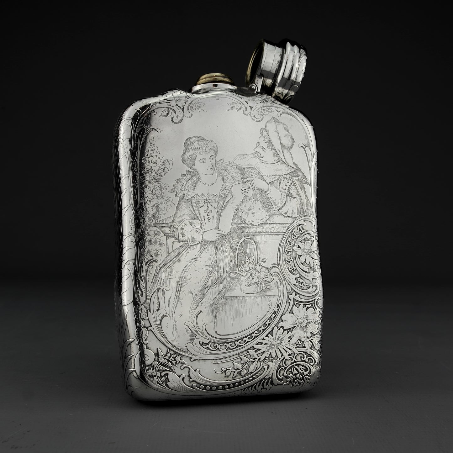 Antique American Acid Etched Tiffany & Co. Solid Sterling Silver Hip / Liquor Flask