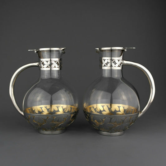 Pair French Solid Sterling Silver Claret Jug /Decanter. Pierre Queille. Ca. 1880