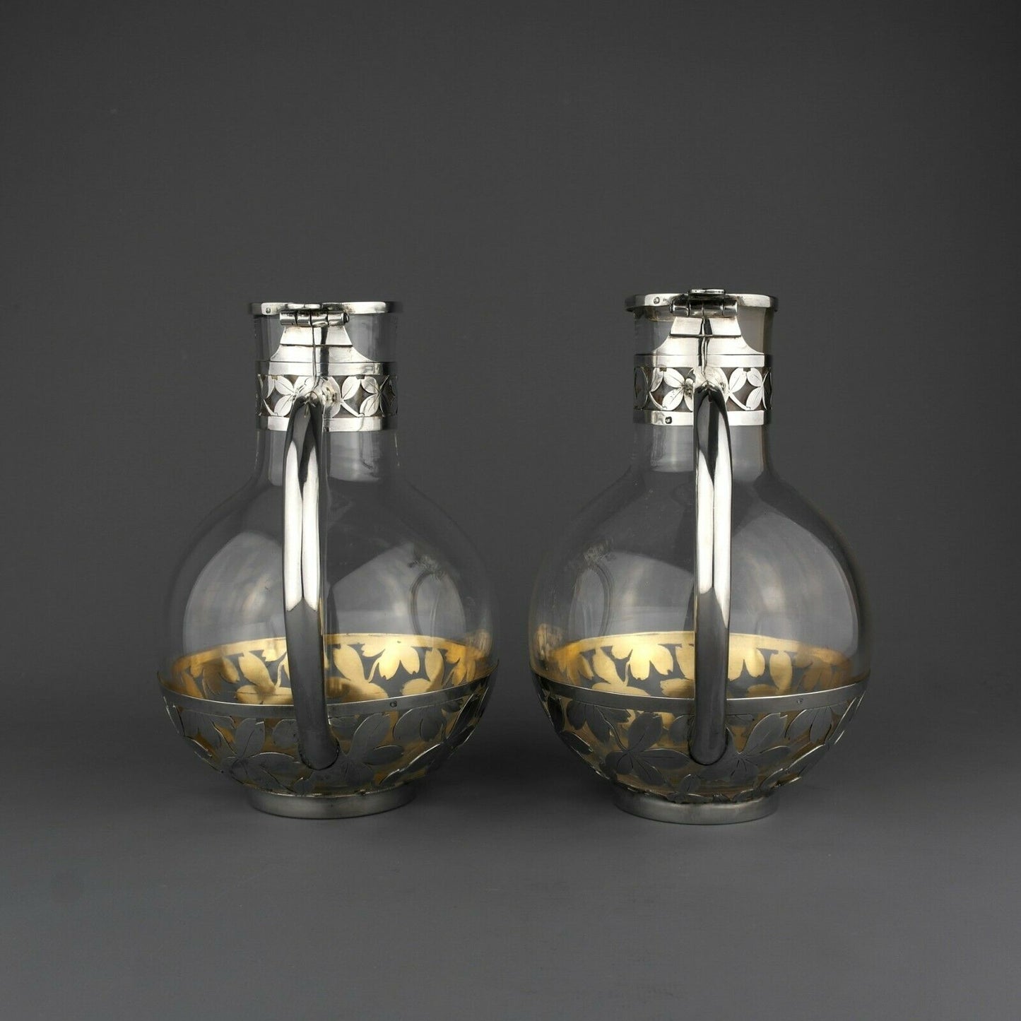 Pair French Solid Sterling Silver Claret Jug /Decanter. Pierre Queille. Ca. 1880