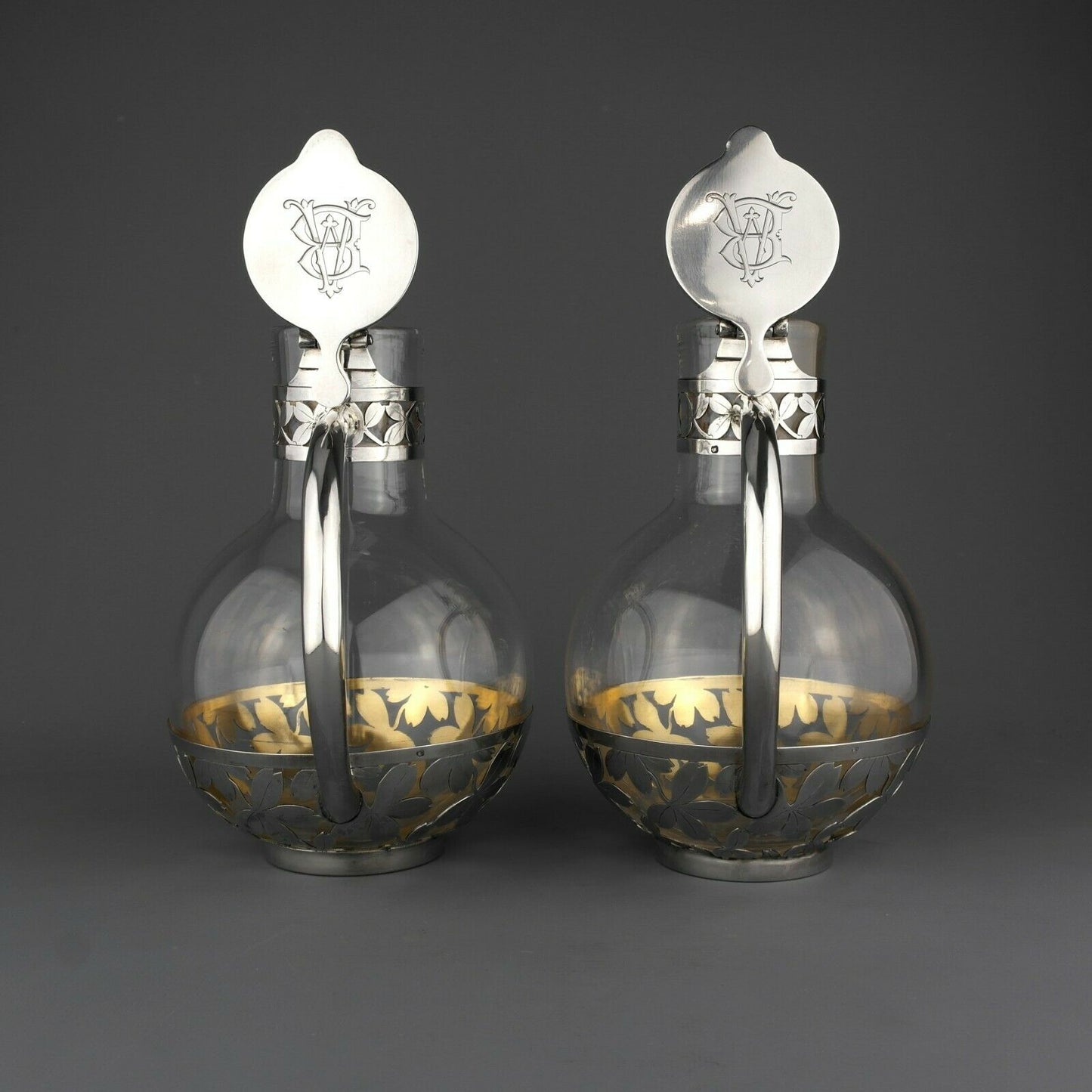 Pair French Solid Sterling Silver Claret Jug /Decanter. Pierre Queille. Ca. 1880