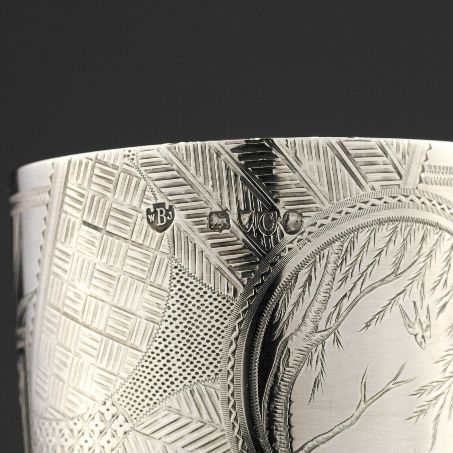 Victorian Japanese Aesthetic Movement Solid Sterling Silver Goblet / Beaker. London, 1878.